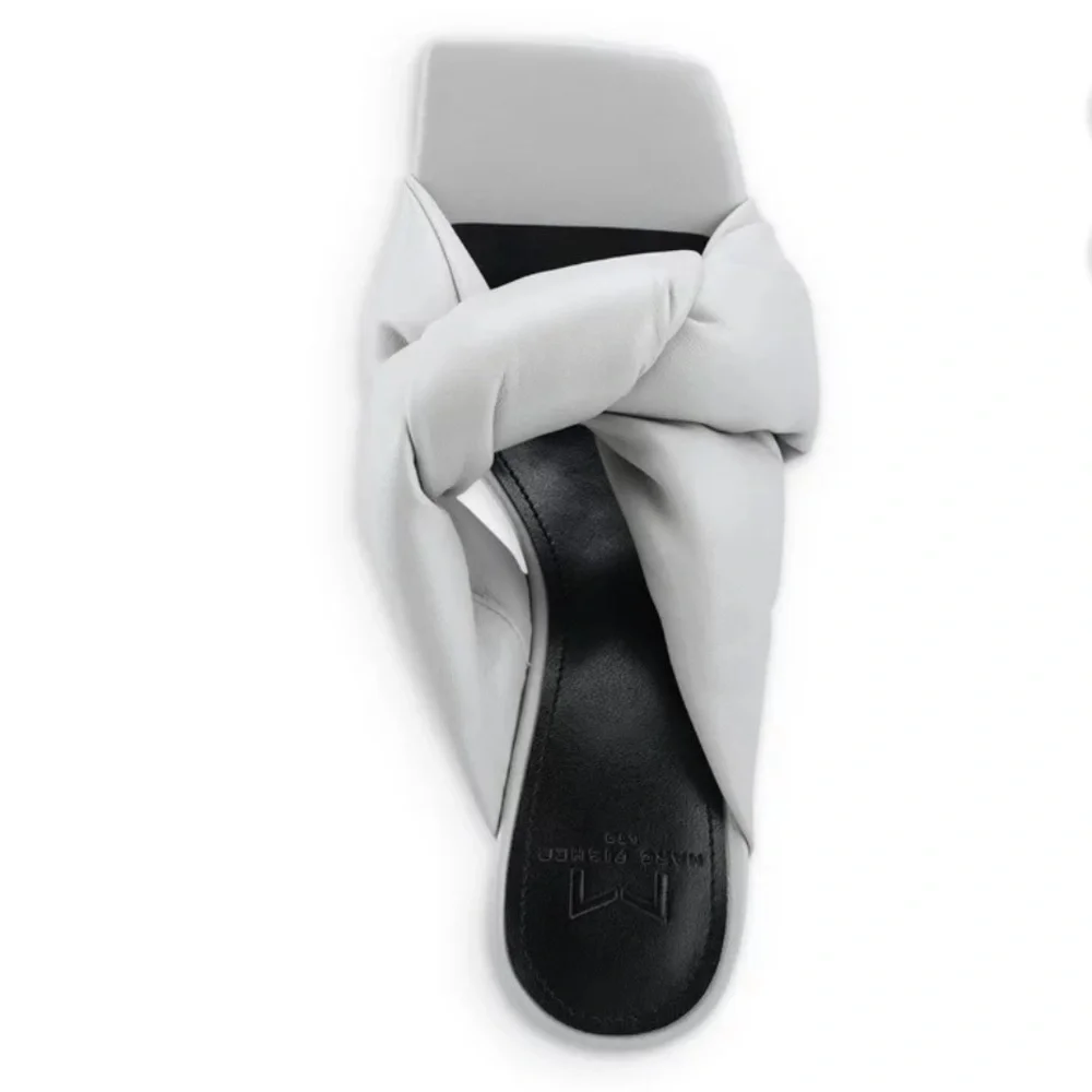 🆕MARC FISHER Womens Light Gray Dellian Square Toe Slip On Leather Heeled Sandal